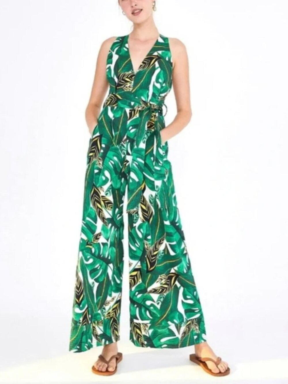 ANTHROPOLOGIE Farm Rio Palm Halter Jumpsuit XS